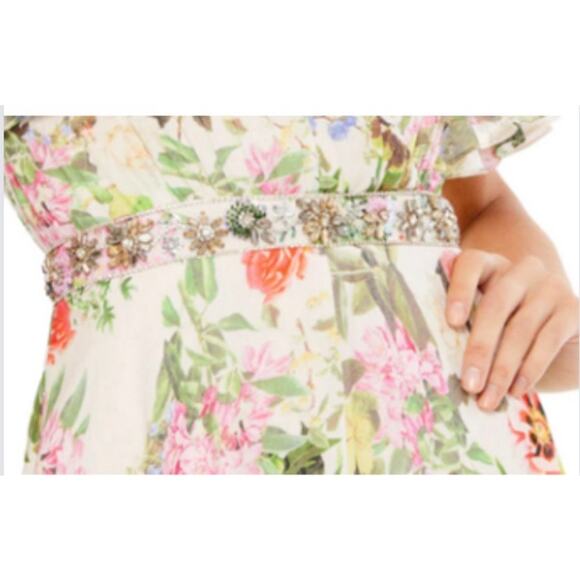 Mac Duggal Floral Print Faux Wrap Flutter Sleeve A Line Gown Floral SIze 12 9079 - Picture 6 of 14